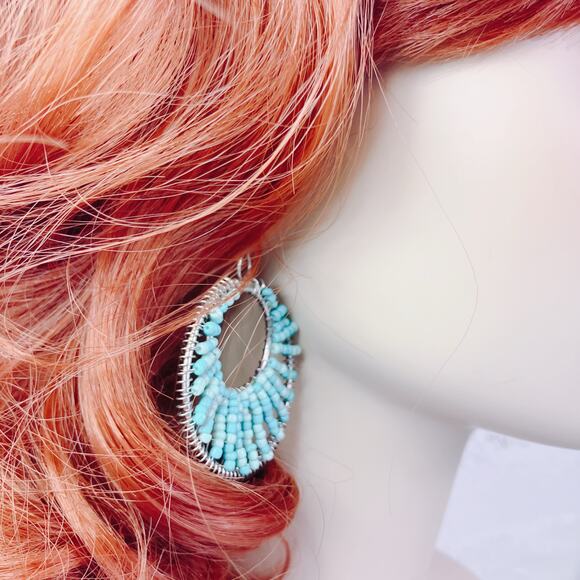 Vintage Boho Seed Bead Hoop Earrings Silver Tone Aqua Turquoise Festival Jewelry - Picture 7 of 9